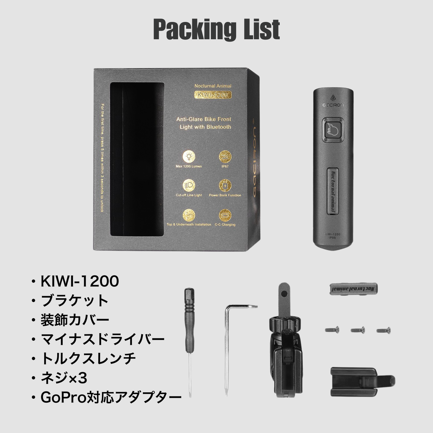 Gaciron（ガシロン）フロントライト KIWI-1200 Black + R06【公式限定セット】